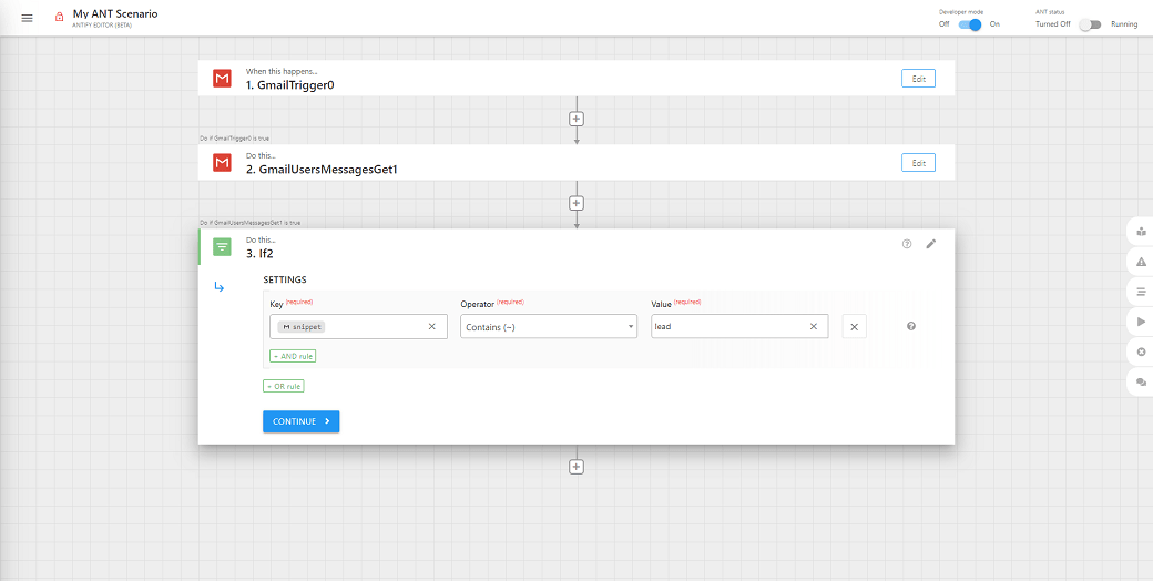 Gmail-udløst automationsscenarie i ANT Editor, filtrering af beskeder med nøgleordet 'load' ved brug af betinget logik.