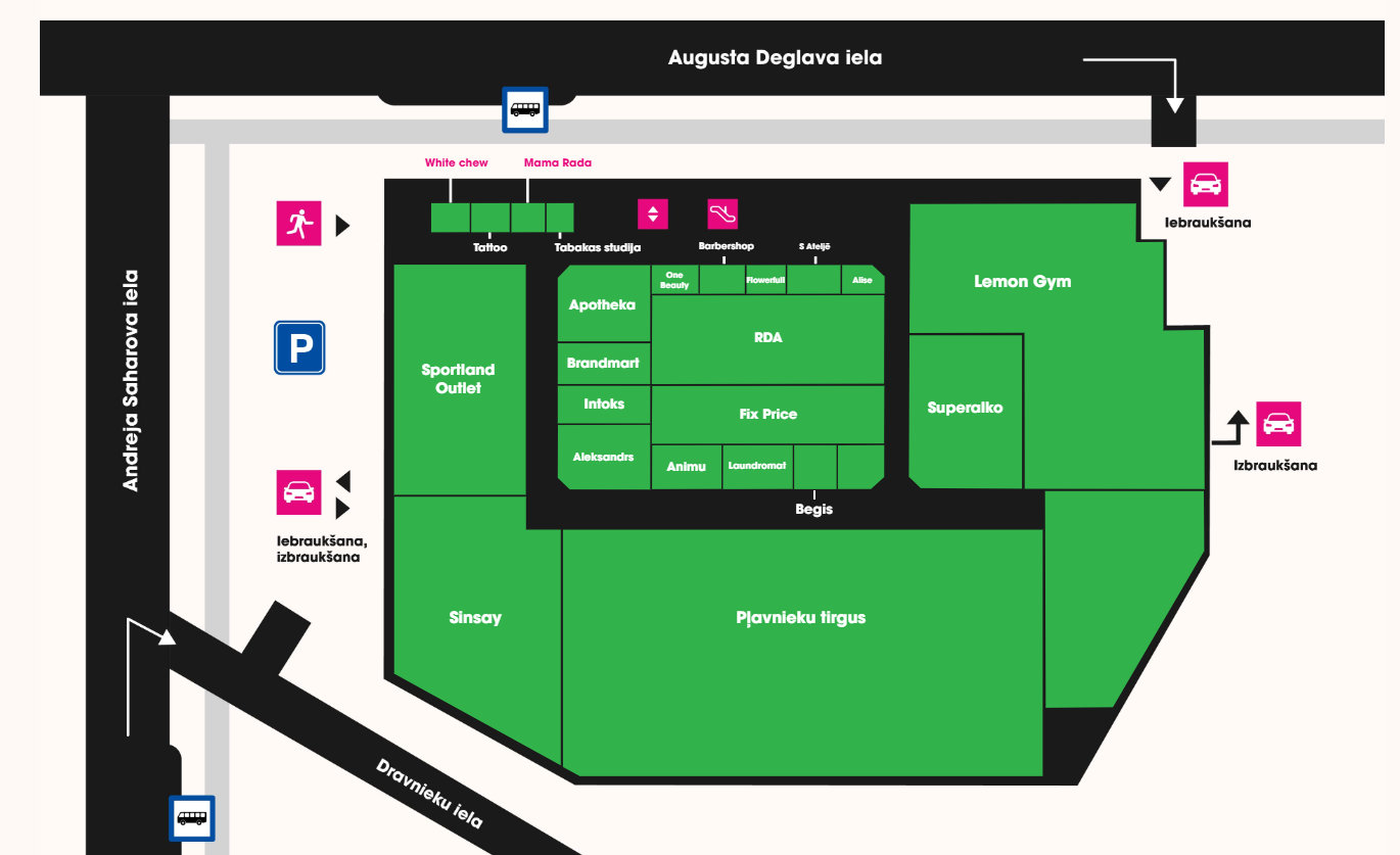 Endeligt interaktivt plantegning over Shopping Center Augusts med 17 butikker med dynamisk etiket