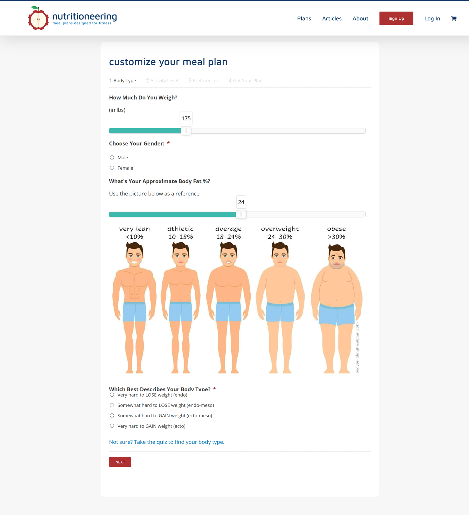Skræddersyet måltidsplanlægnings UI udviklet af 2410, med visuelle kropsfedt referencer og responsive sliders