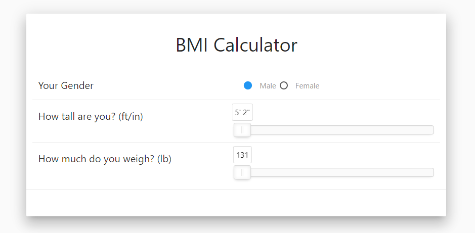 BMI-beregner interface – indeholder kønsvalg, højde- og vægt-slider, samt en ren brugerflade drevet af Materialize.