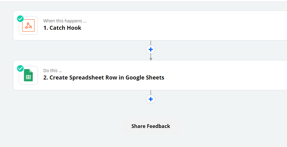 Zapier automatiseringstrin: Catch Hook brugt til at modtage data fra webformularen og udløse backend-processer.