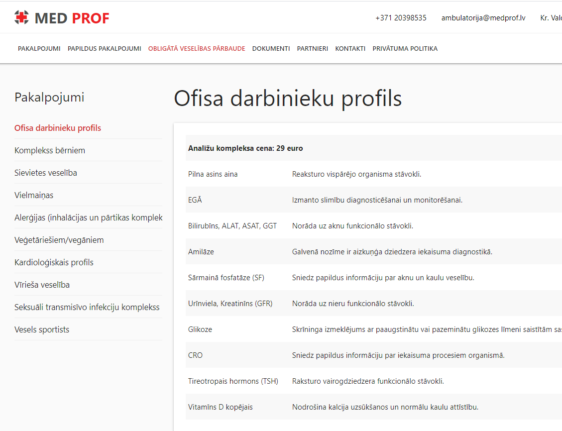 Supplerende service side: Ofisa darbinieku profils med strukturerede laboratorietest og beskrivelser.