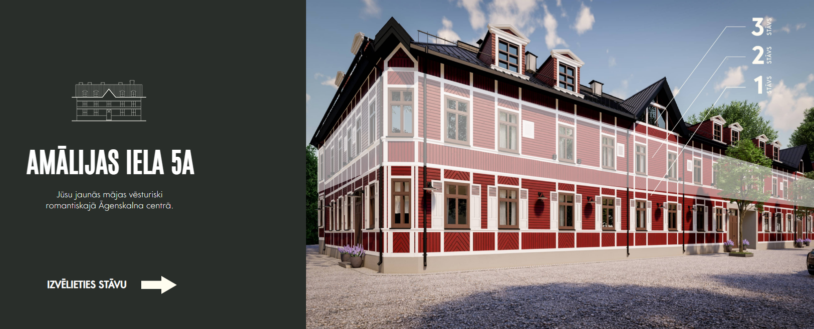 Landing side visning af Amālijas iela 5A - historisk og romantisk boligprojekt i Āgenskalns med visuel navigation efter etage.