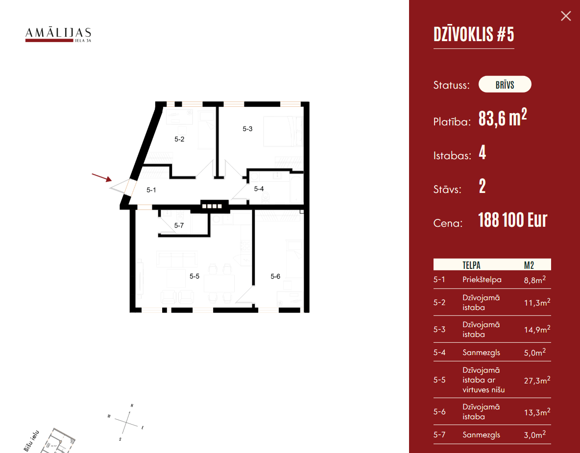 Individuel lejlighedsmodalvisning med layout opdeling, område pr. værelse og fuld pris/tilgængelighedsdetaljer.
