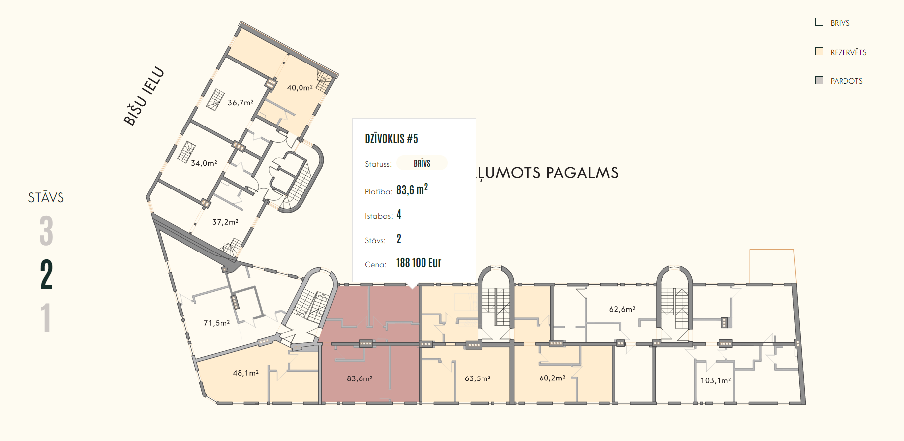 Interaktiv etageplan på 2. etage, der viser lejlighedens tilgængelighed og detaljerede parametre ved hover.