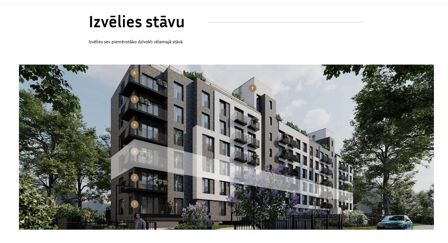 Etagevælger-side med interaktiv bygningsvisualisering og nummererede etager.