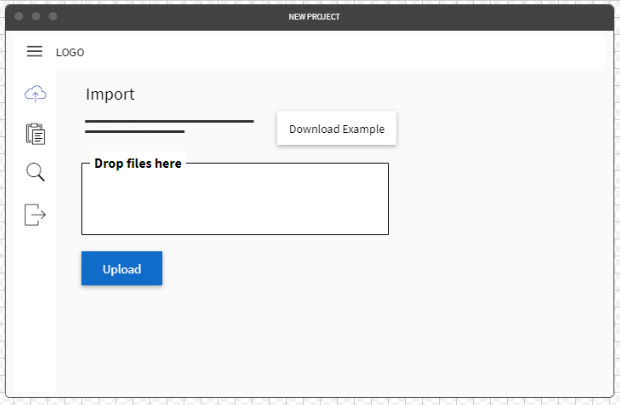 Mockup af den indledende importside med træk og slip af filer samt download af skabelon
