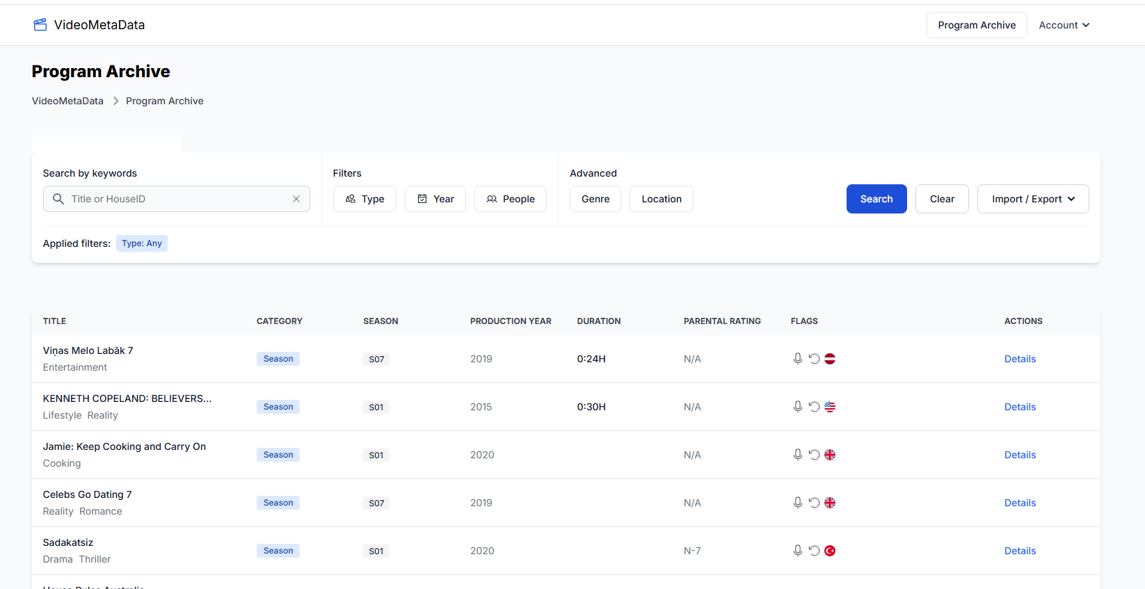 Programarkiv dashboard med avancerede filtre, søgefunktionalitet og datatabel over sæsoner.
